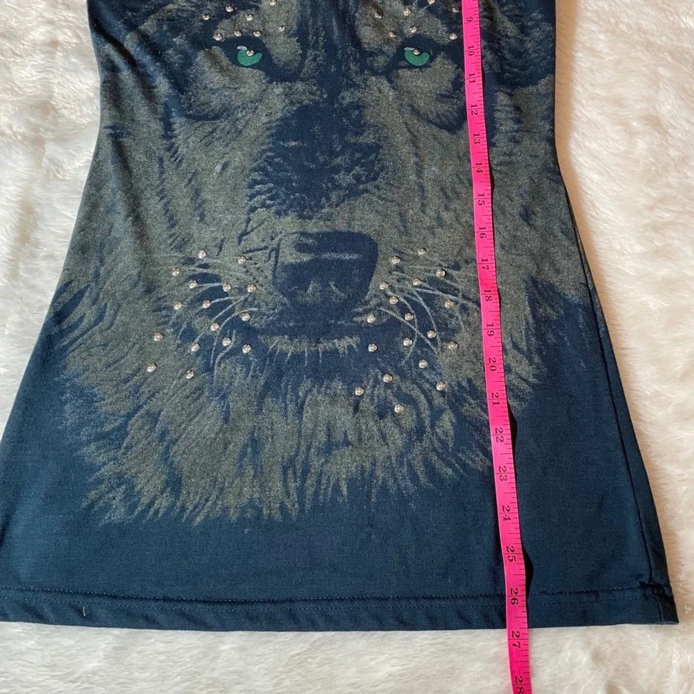 rue21 Womens Wolf Graphic Rhinestone Mesh Yoke Sleeveless Tunic Top M Whimsigoth
